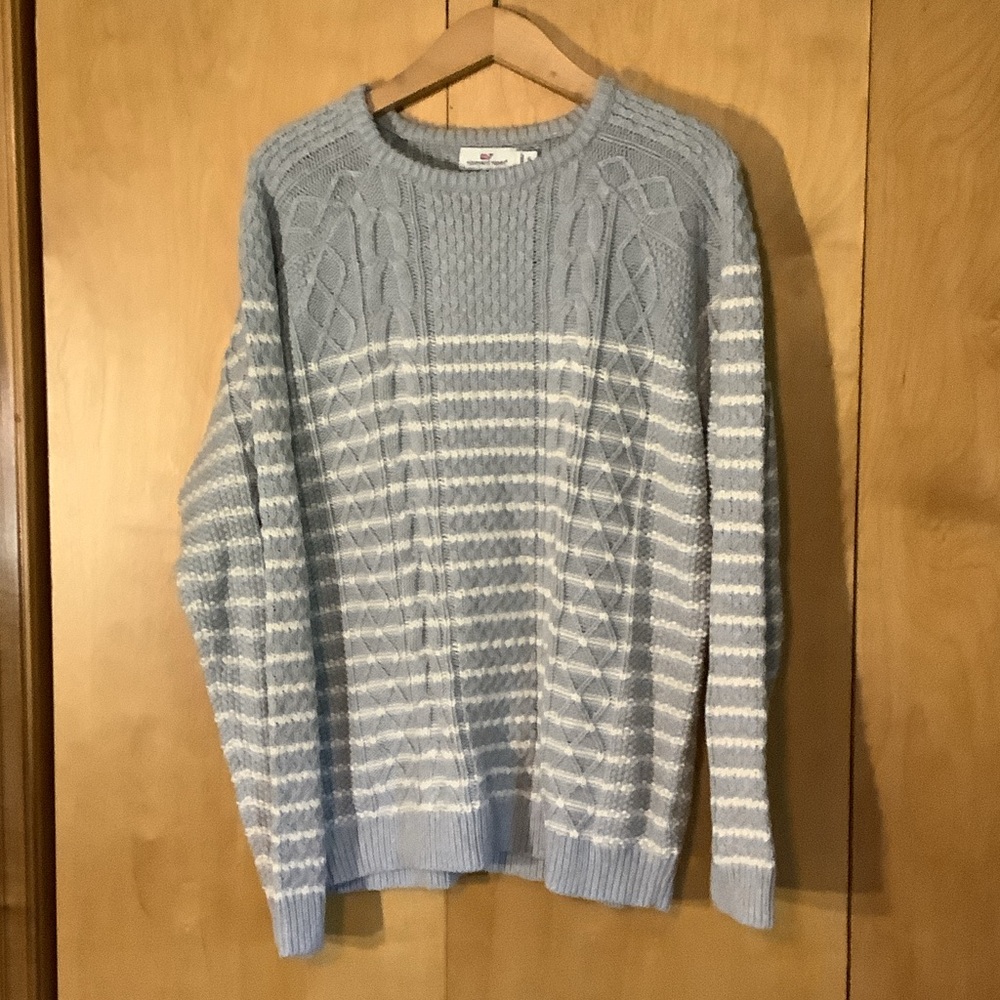 Vineyard Vines Light Blue and White Striped Cable Knit Sweater